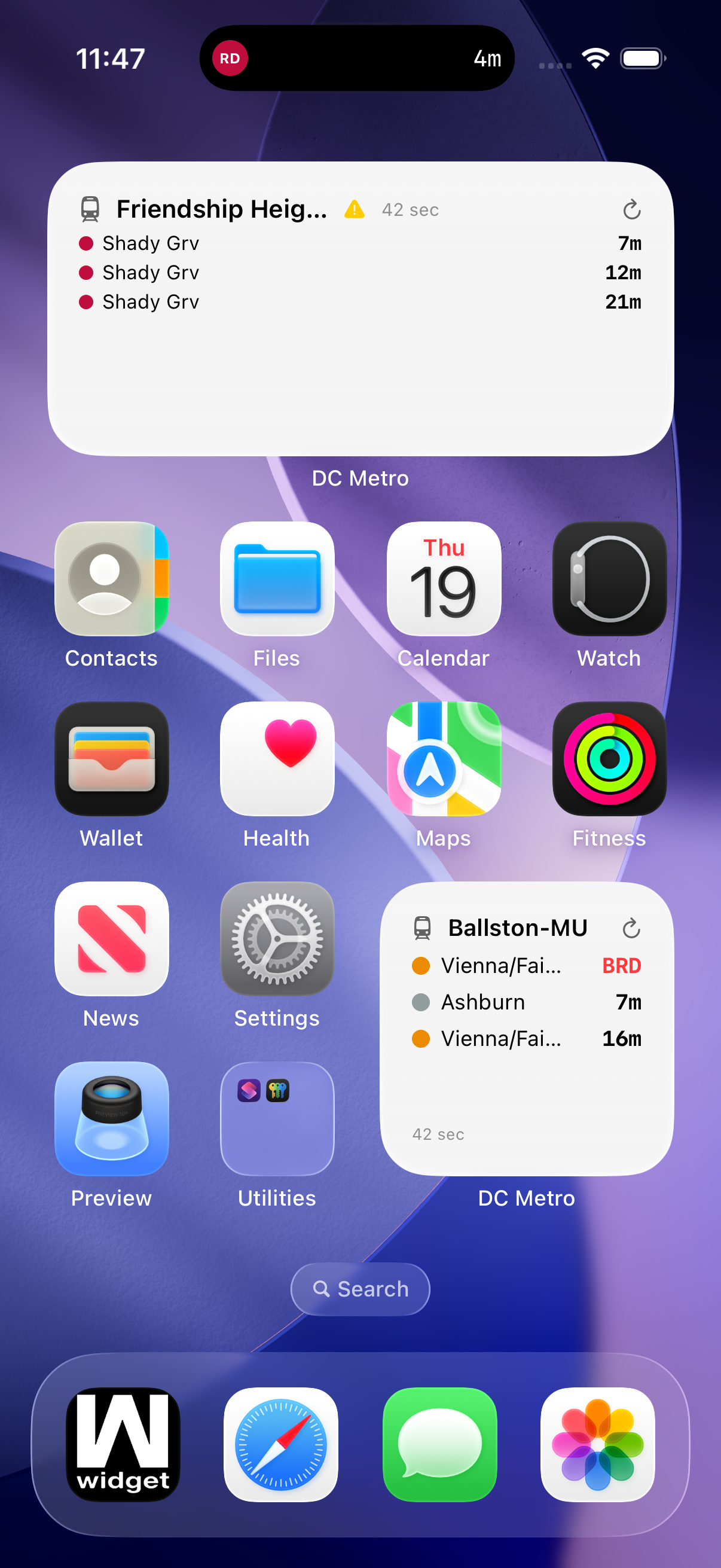 Home screen with DC Metro widgets